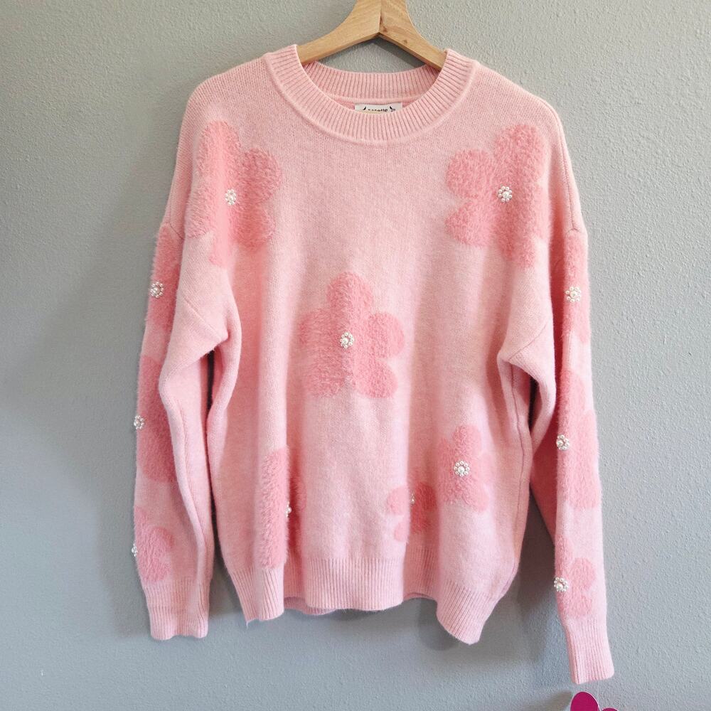Nanette Lepore Pink Floral Pearl Sweater L Coquette Soft Girl NWT